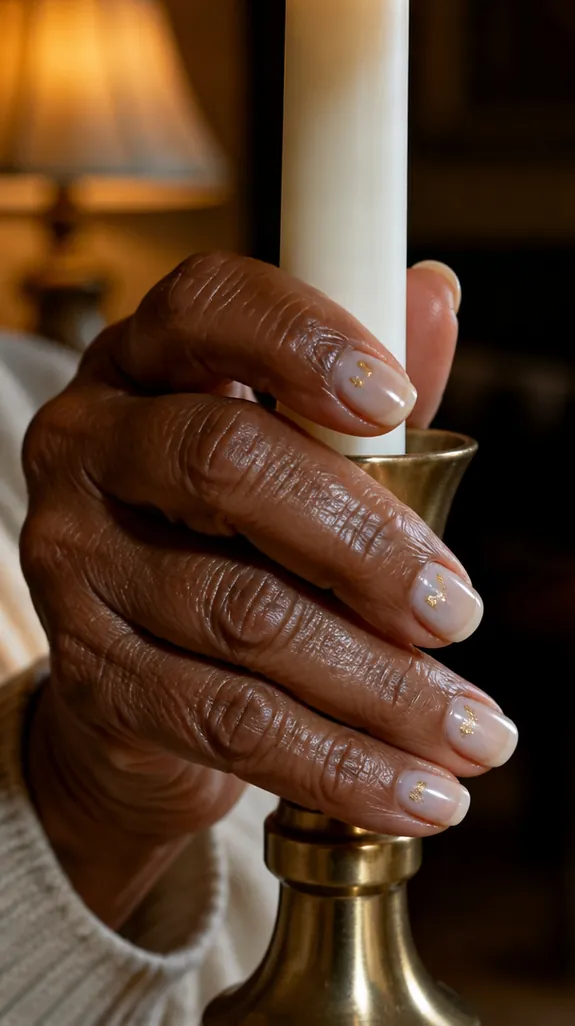 short milky white nails with small gold flecks