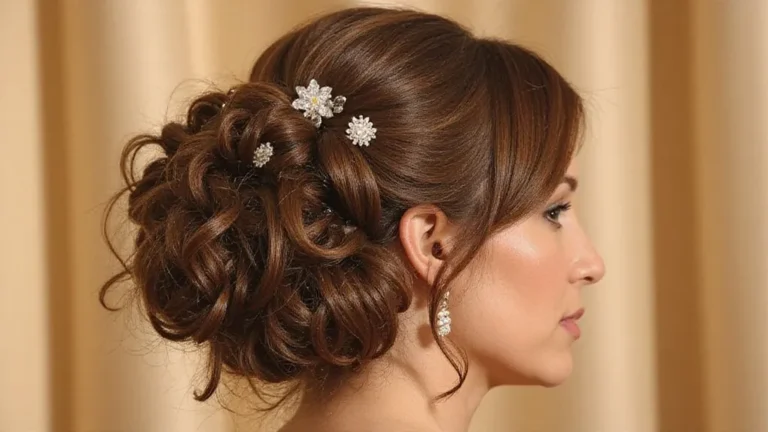 brunette curled low updo with crystal pins in profile