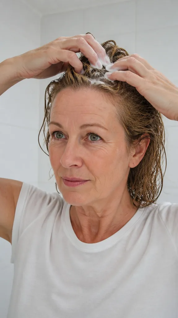 woman in her fifties working mousse into the roots of her fine hair