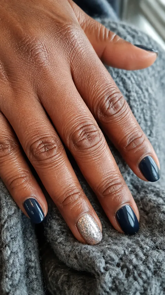 short navy nails with one silver glitter accent nail