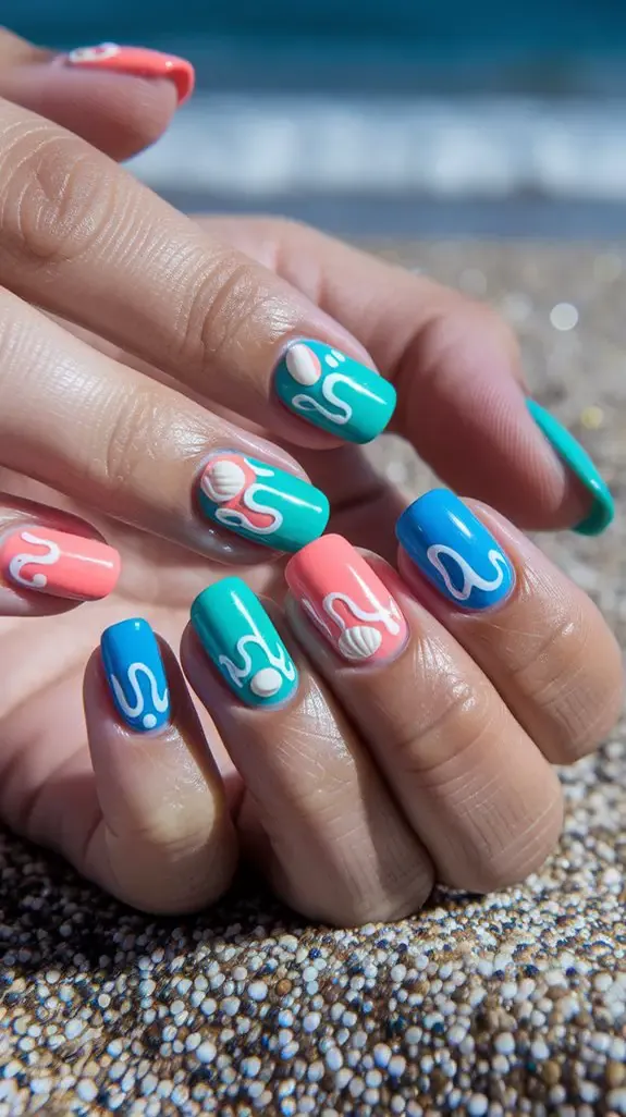 nails with thin blue and white ocean wave line art