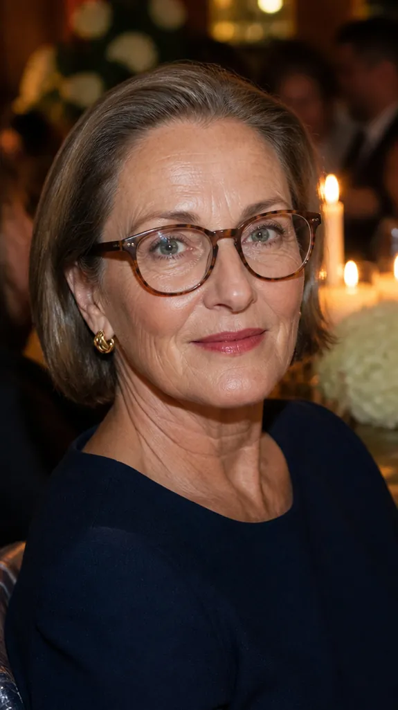 woman in her sixties wearing glasses with a short bob smoothed back off the face