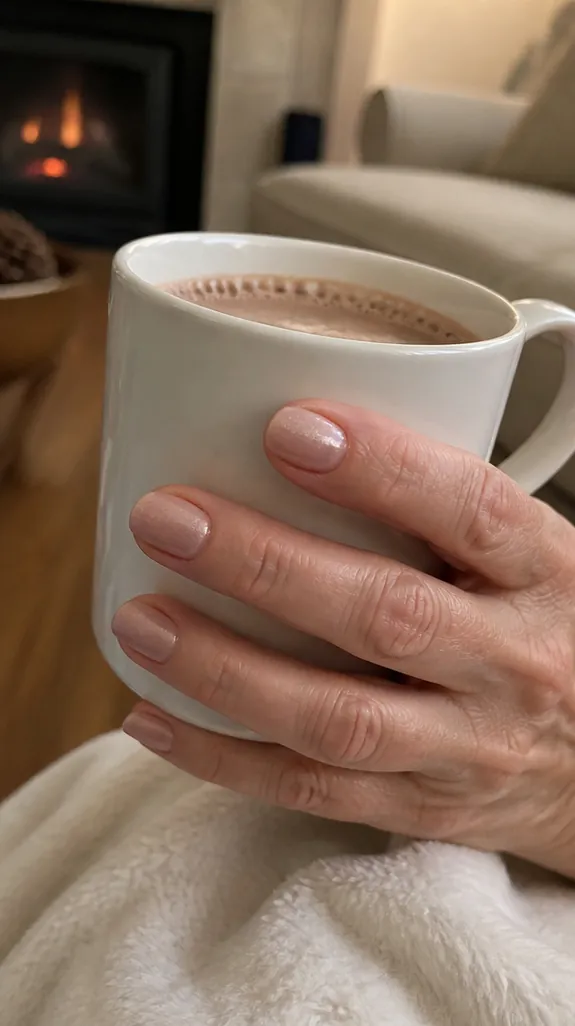 short pale pink nails with a fine silver shimmer
