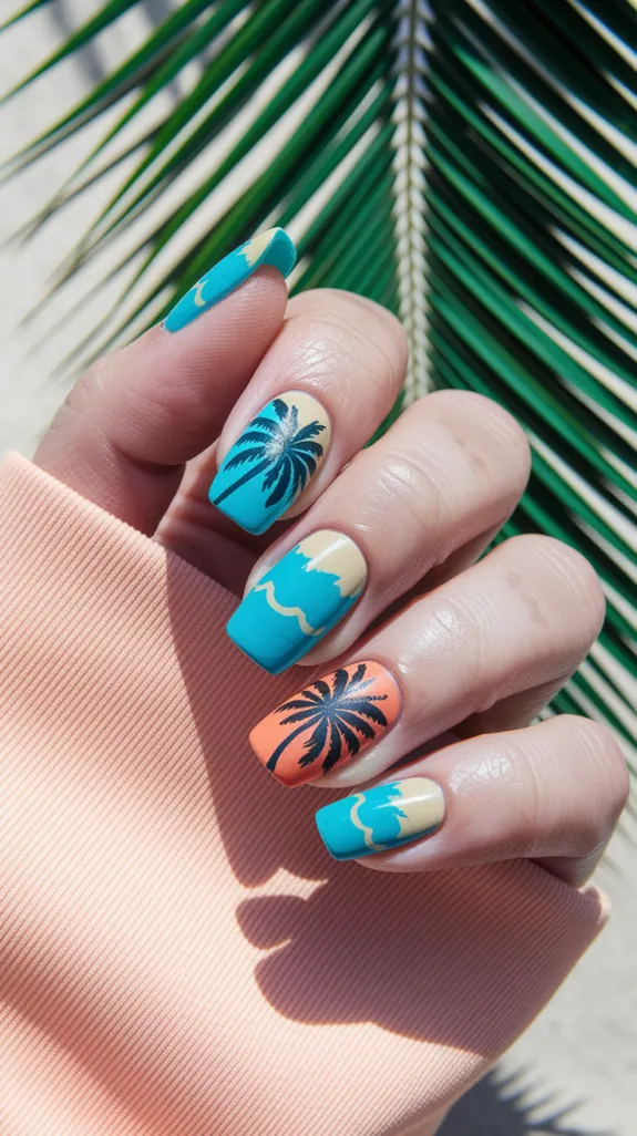 palm tree silhouette accent nails on aqua and coral nails
