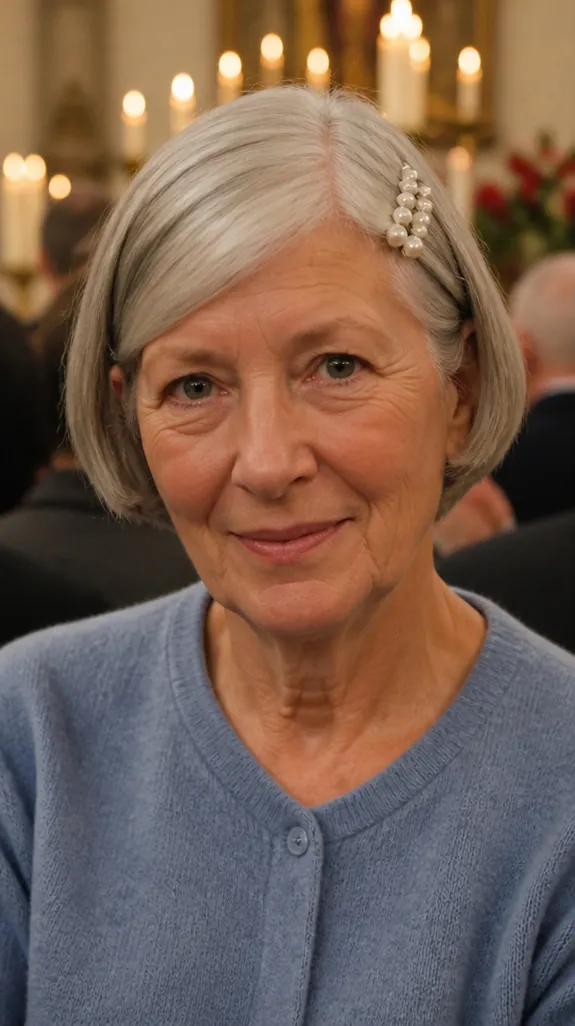 woman in her sixties with pearl bobby pins along the side part of a short gray bob
