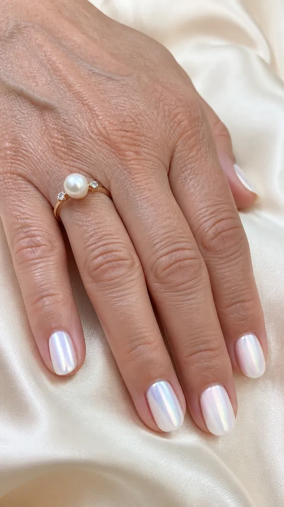 short nails in a white pearl chrome finish