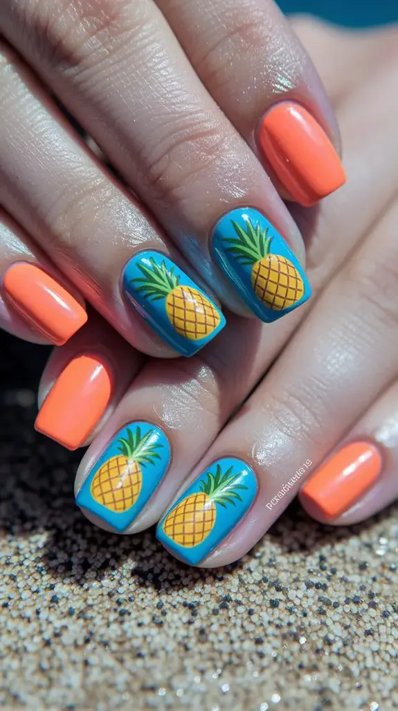 coral and turquoise nails with painted pineapple accents