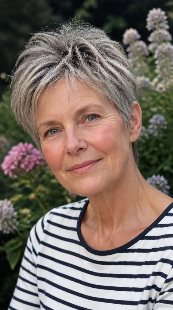 woman in her sixties with a pixie shag with choppy layers on top