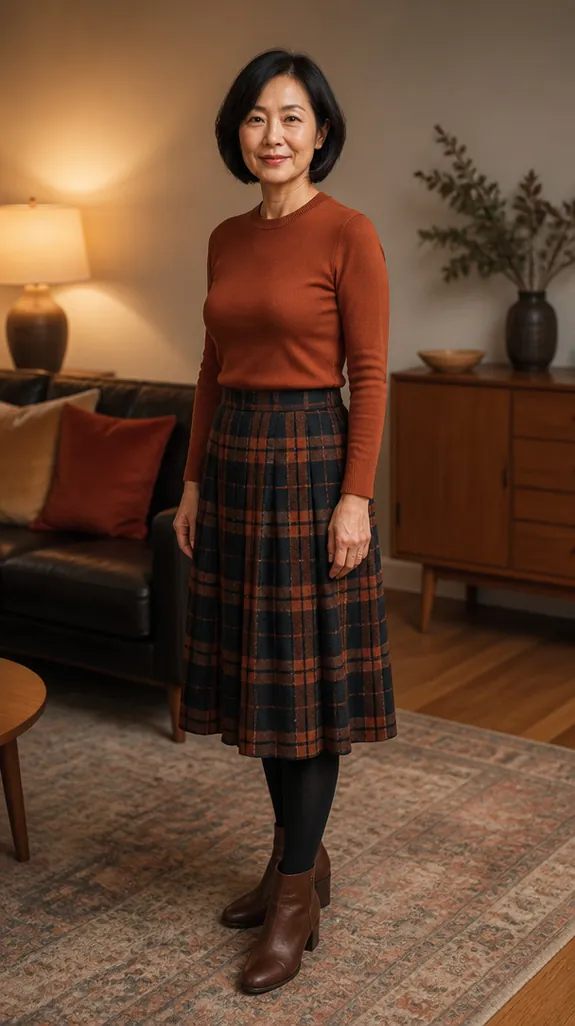 woman in her fifties wearing a plaid midi skirt with a fitted knit top