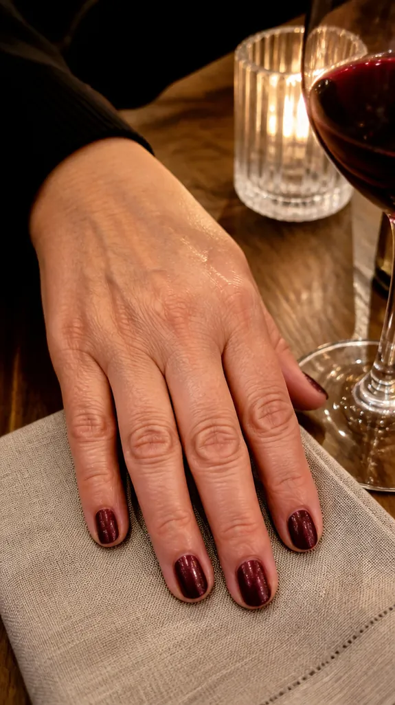 short nails in a fine plum shimmer polish
