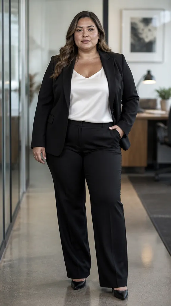 plus size Latina woman in a black blazer, cream silk shell and black trousers in an office