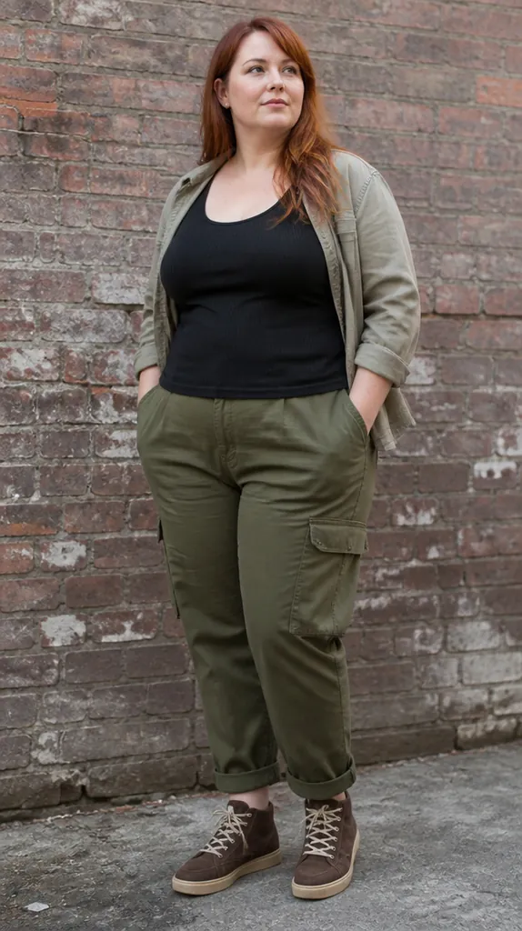 plus size woman in olive cargo pants, black tank and brown suede high-top sneakers