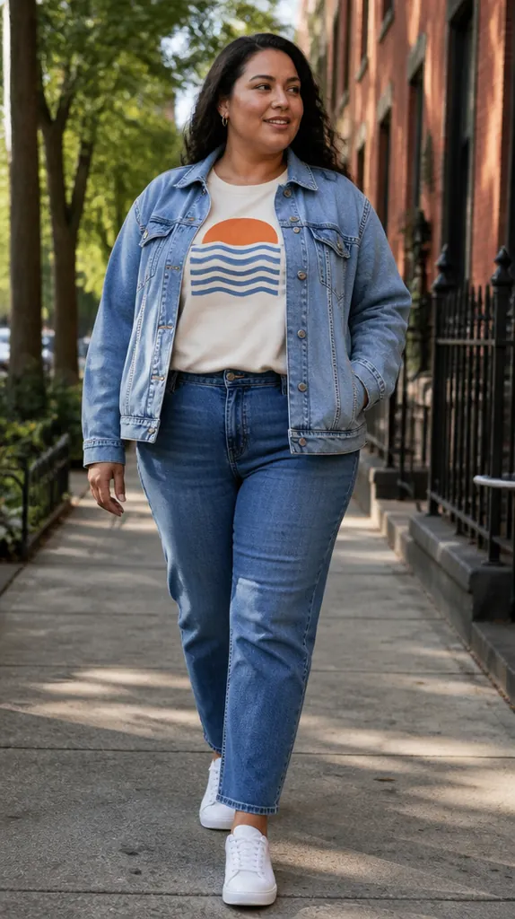 plus size woman in straight-leg jeans, a graphic tee, denim jacket and white sneakers
