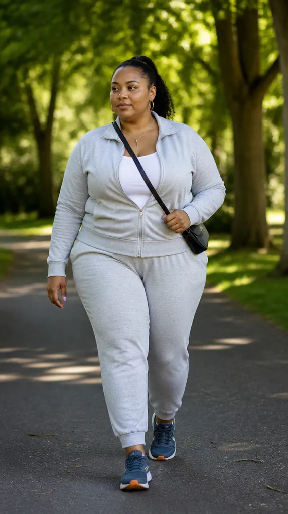 plus size Black woman in a gray jogger set with navy retro running sneakers