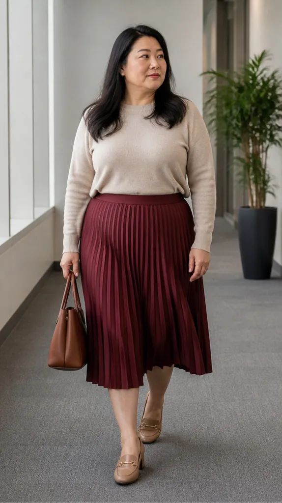plus size East Asian woman in a burgundy pleated midi skirt and oatmeal sweater