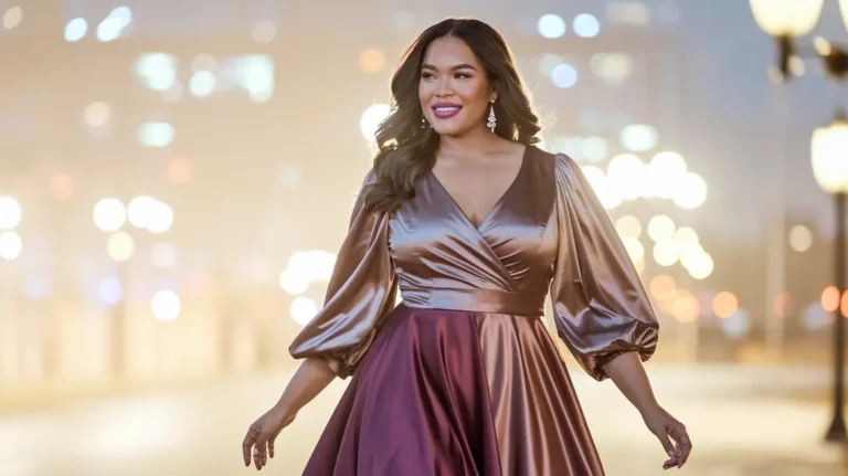 smiling plus-size woman in a satin wrap dress with balloon sleeves on a city street at night