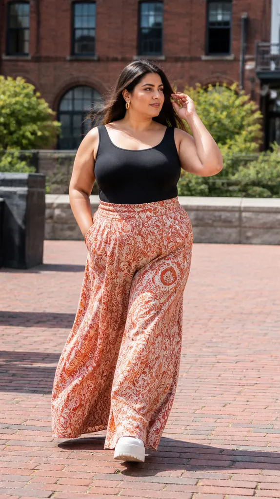plus size South Asian woman in printed palazzo pants with white platform sneakers