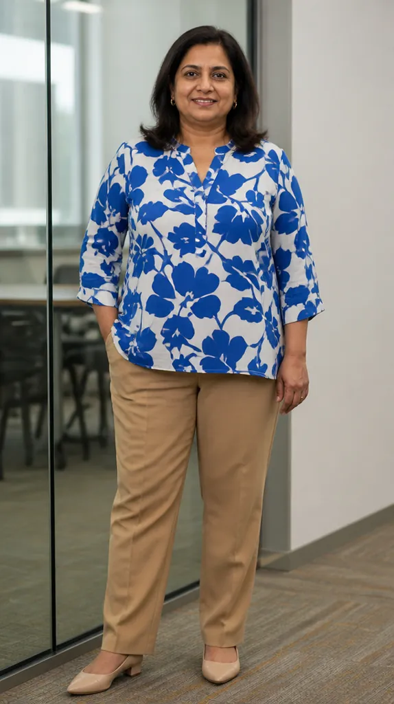 plus size South Asian woman in a cobalt printed blouse and camel trousers