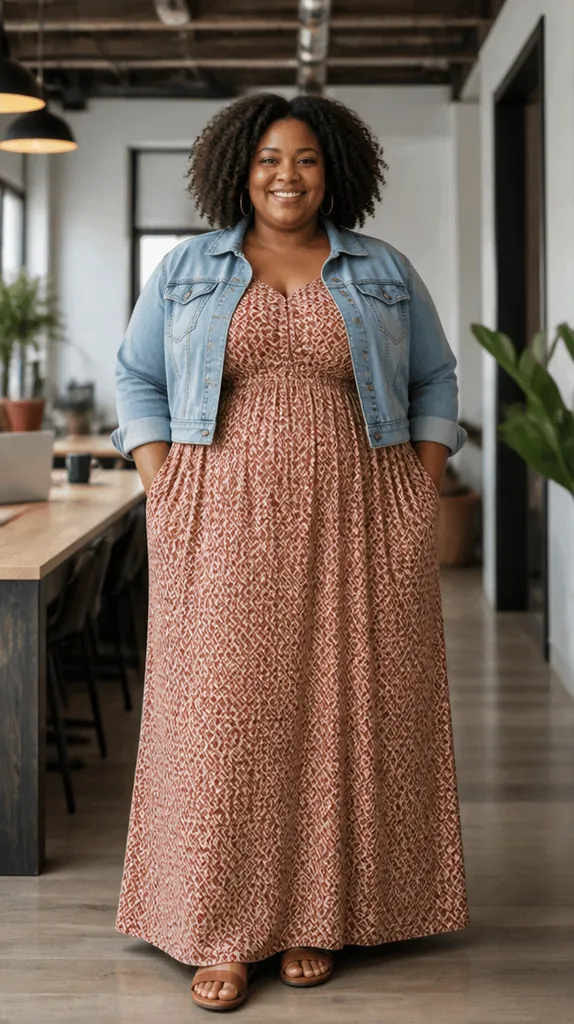 plus size Black woman in a printed maxi dress with a cropped denim jacket