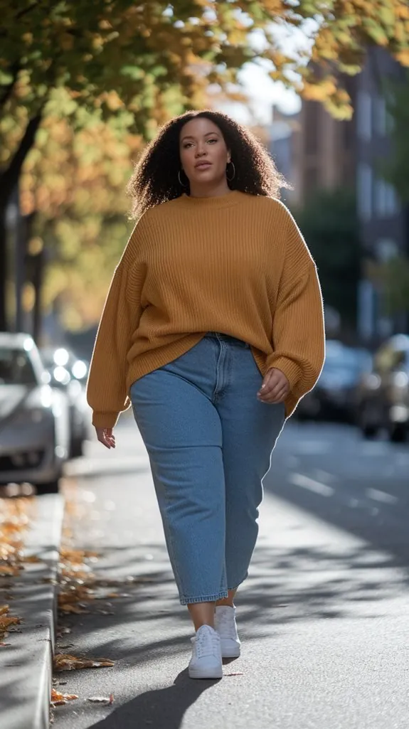 plus size woman in mom jeans, a mustard oversized sweater and white sneakers