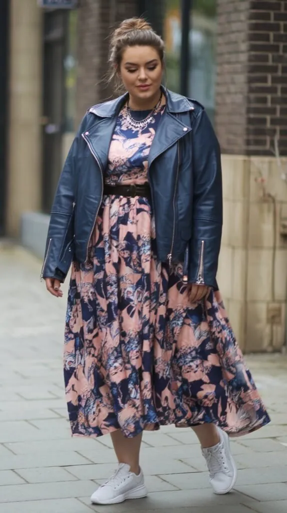 plus size woman in a leather jacket over a floral midi dress with white sneakers