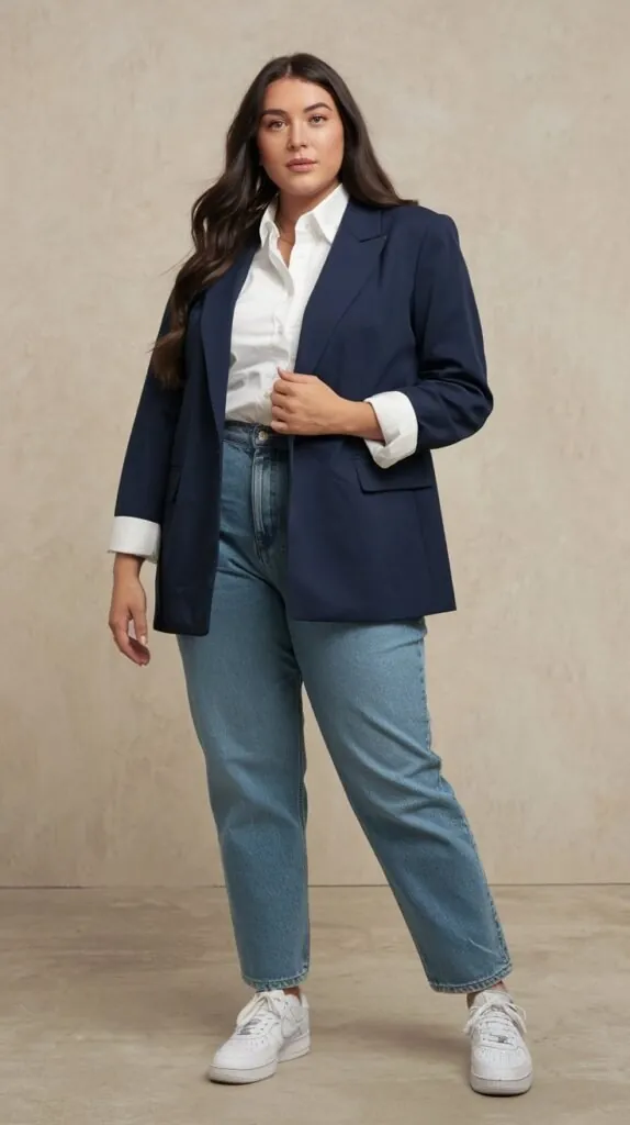 plus size woman in a navy blazer, white shirt, straight-leg jeans and white sneakers
