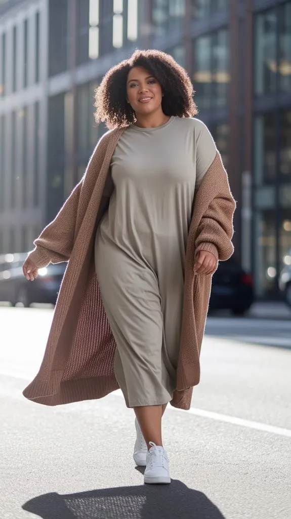 plus size woman in a taupe T-shirt dress, long cardigan and white sneakers