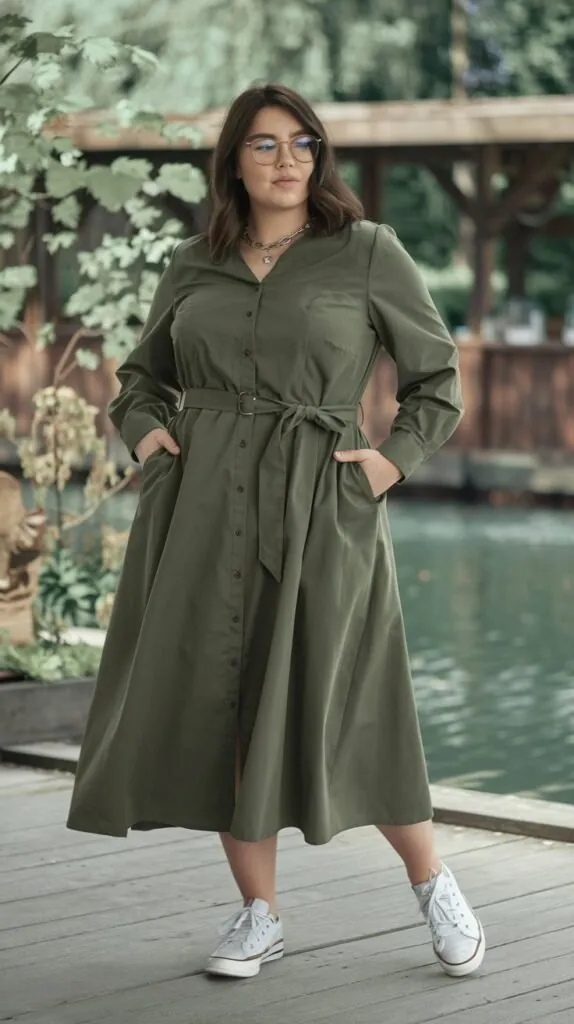 plus size woman in an olive belted shirt dress with white sneakers