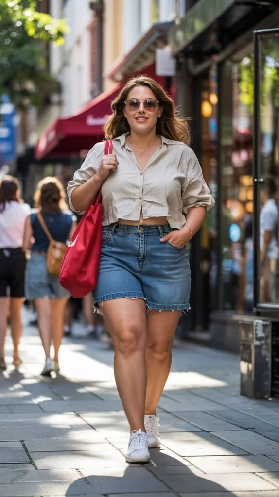 plus size woman in denim shorts, a tied shirt and white sneakers