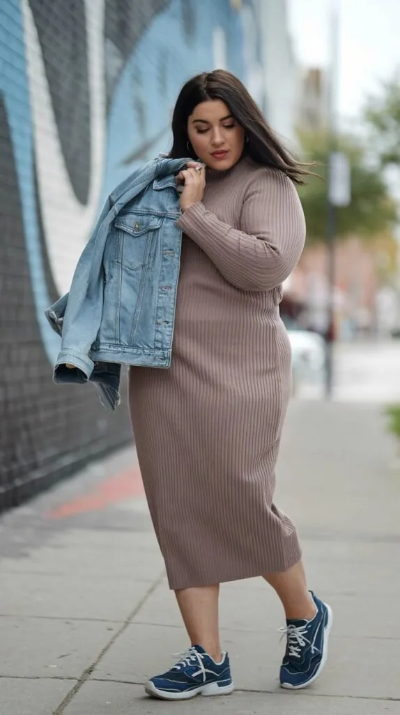 plus size woman in a rib-knit midi dress with navy sneakers and a denim jacket