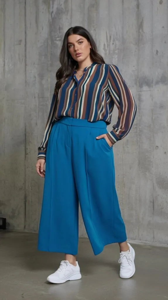plus size woman in blue culottes, a striped blouse and white sneakers