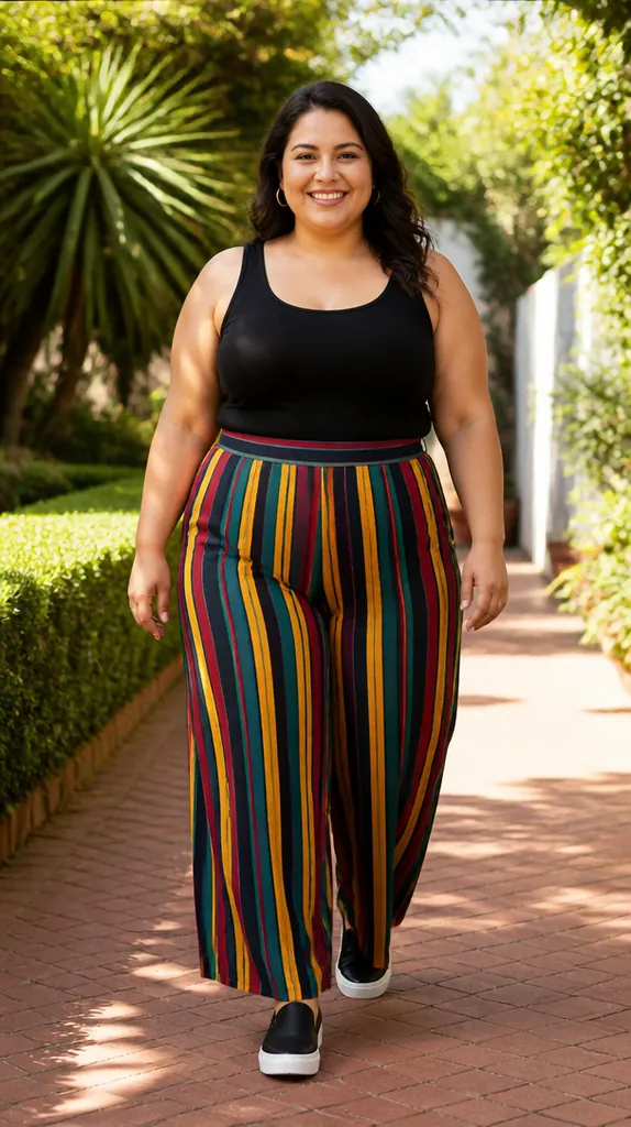plus size Latina woman in bold striped wide-leg pants, a black tank and black sneakers