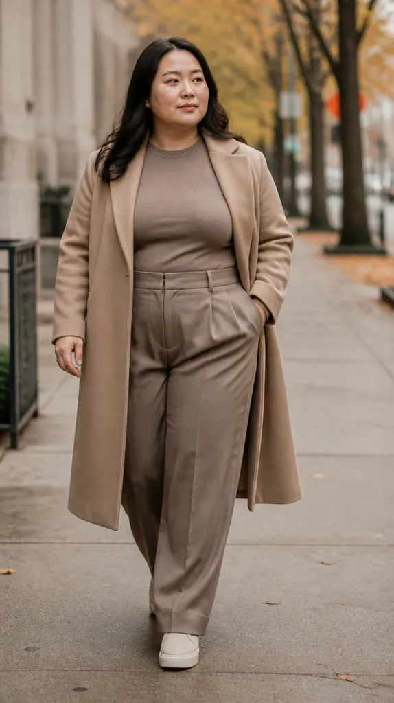 plus size East Asian woman in taupe wide-leg trousers, a long camel coat and off-white suede sneakers