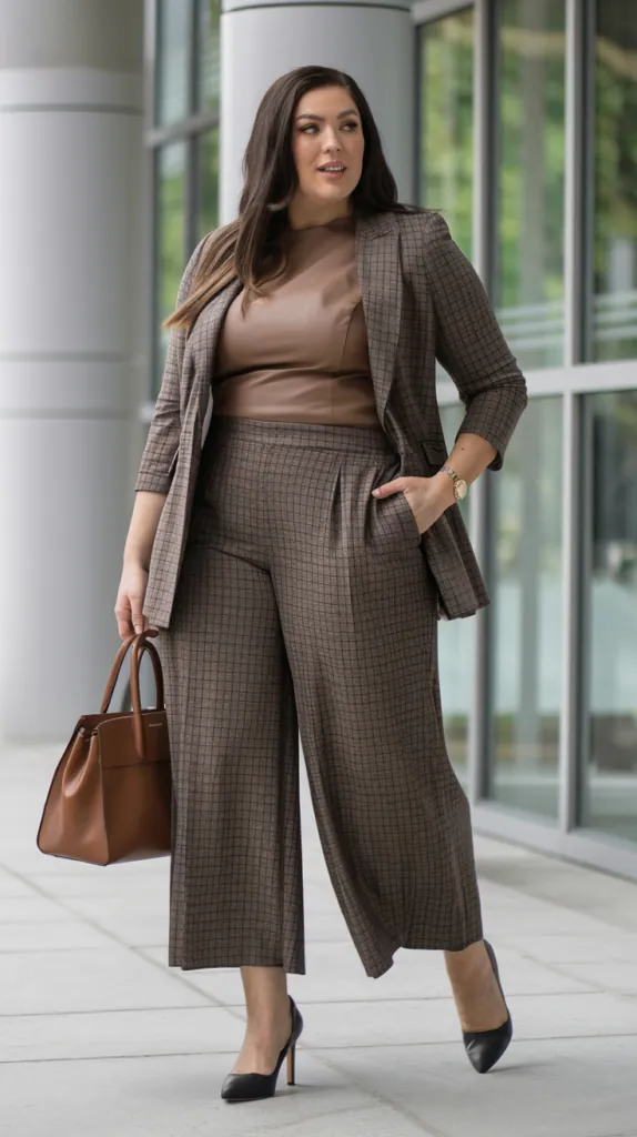 plus size woman in brown check culottes with a fitted top and matching blazer