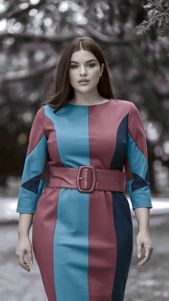 plus size woman in a blue and rose color-block sheath dress with a wide belt