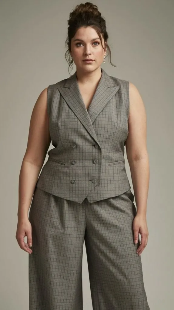 plus size woman in a matching check vest and wide-leg trousers
