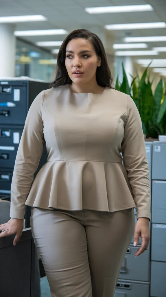 plus size woman in a taupe peplum top with slim trousers in an office