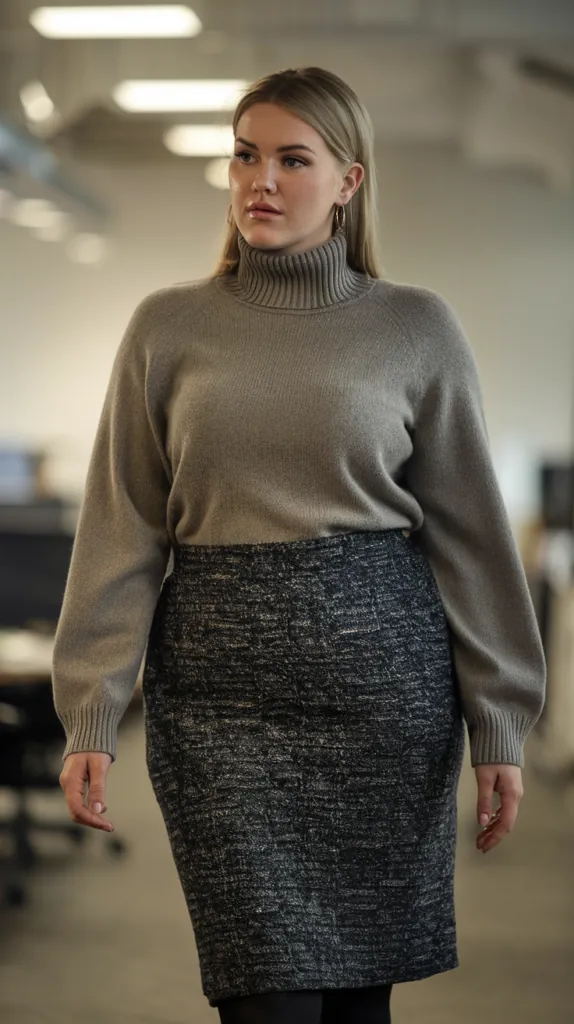 plus size woman in a gray turtleneck and tweed pencil skirt