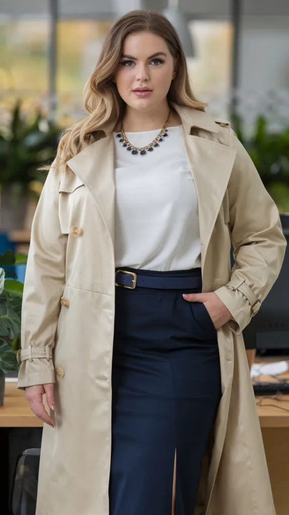 plus size woman in a beige trench coat over navy trousers and a white top