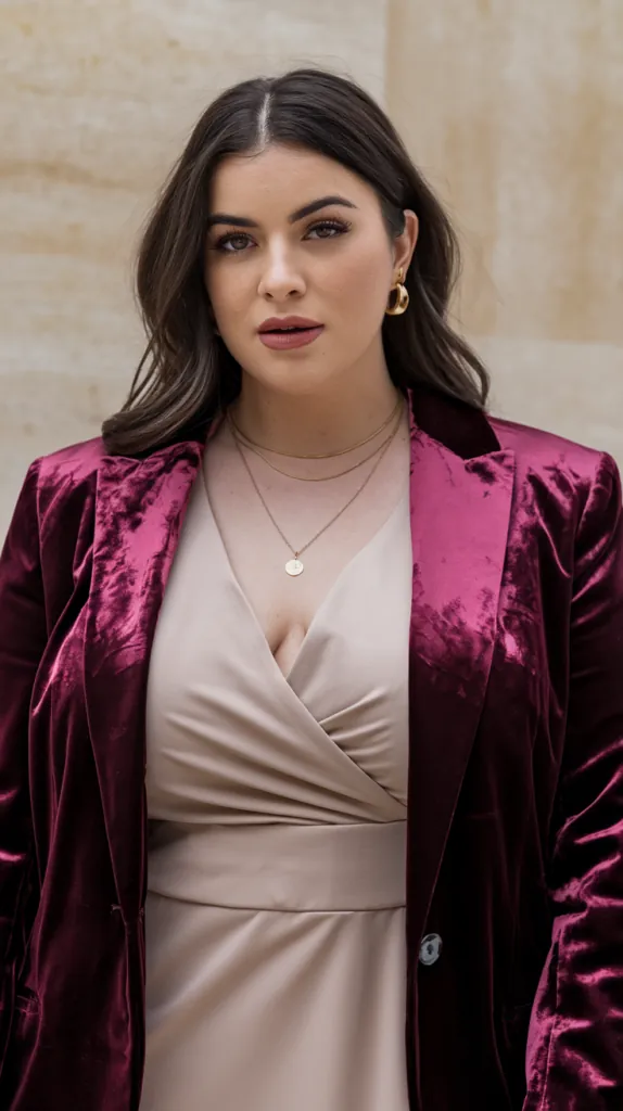 plus size woman in a burgundy velvet blazer over a blush wrap dress