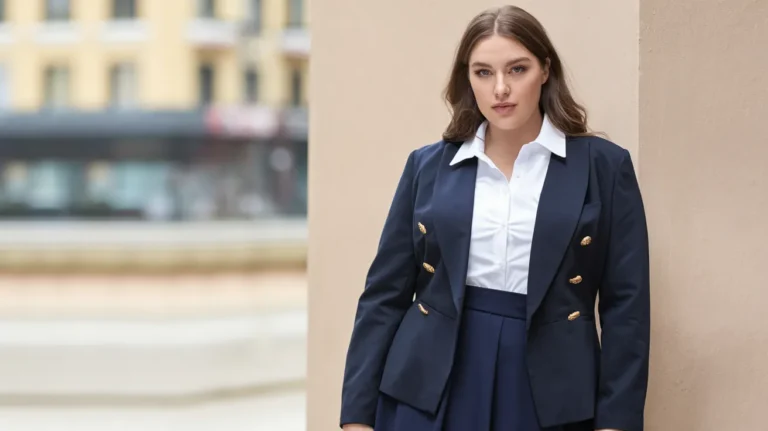 plus size woman in a navy double-breasted blazer, white shirt and navy skirt
