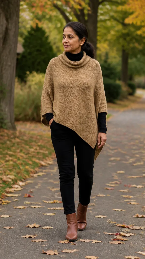 woman in her fifties in a camel knit poncho over a turtleneck