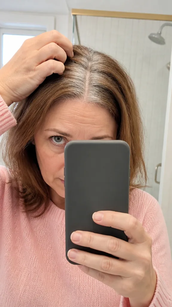 woman in her fifties photographing her gray roots in a mirror with her phone
