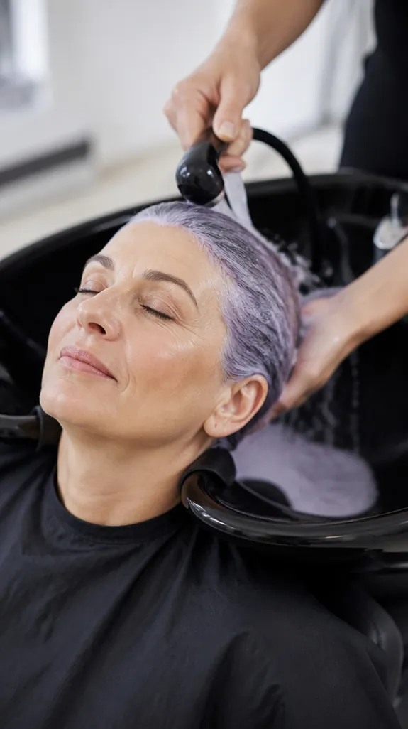 woman rinsing purple shampoo from her gray hair at a salon sink
