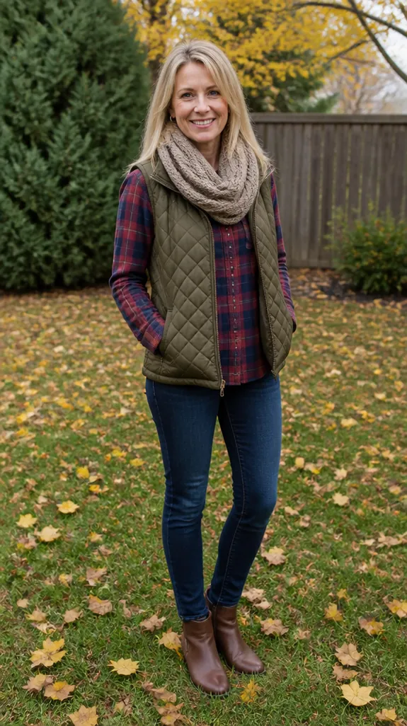 woman in her fifties wearing a quilted vest over a flannel shirt outdoors