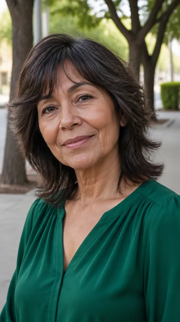 woman in her sixties with a razor-cut shag on thick hair