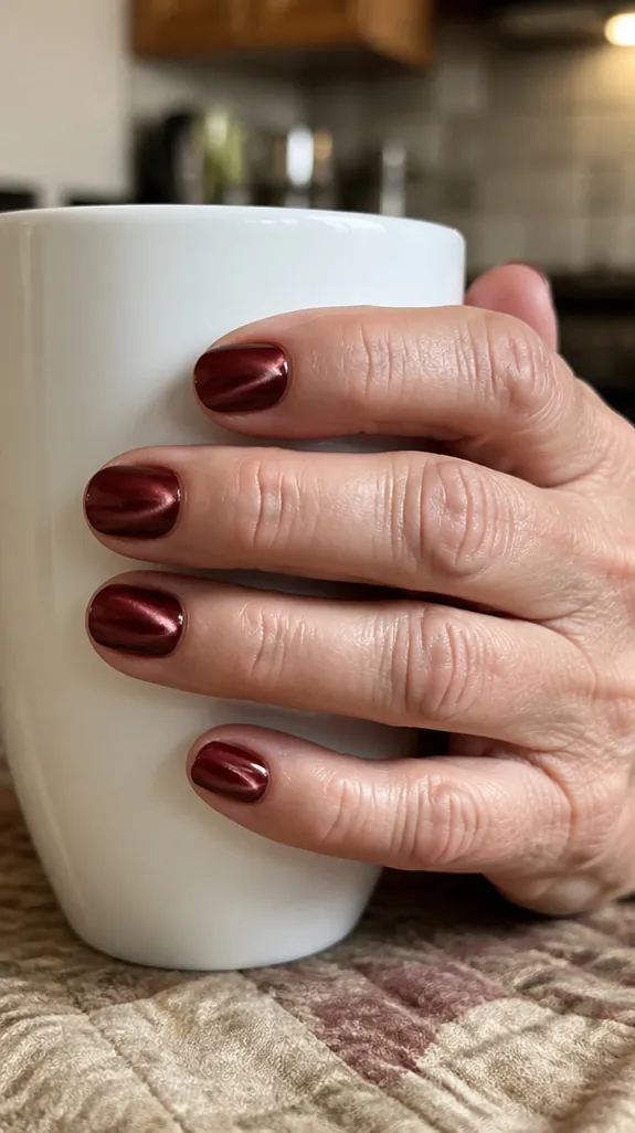 short nails in deep red cat eye polish with a band of shimmer