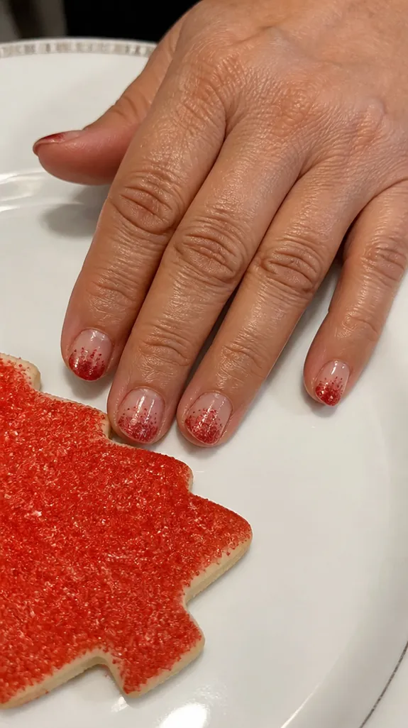 short sheer pink nails with red glitter tips