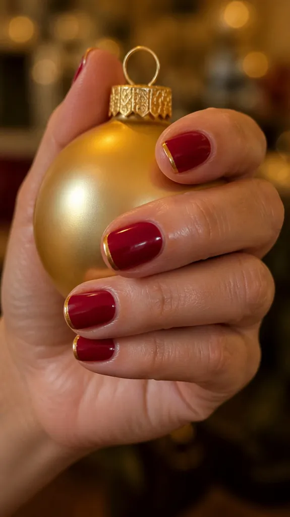 short nails with a red base and thin gold French tips