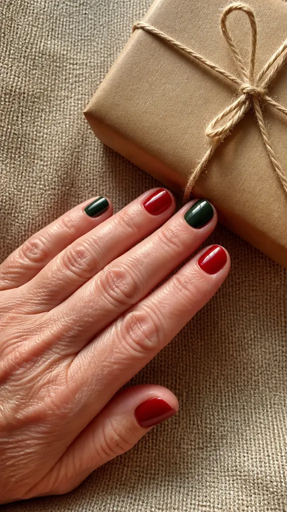 short nails alternating deep red and forest green polish